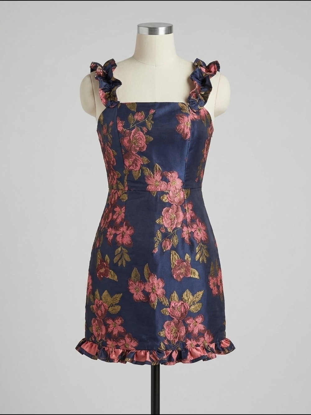 Lulus Floral Jacquard Mini Dress XS | Navy Blue Pink Ruffle Strap Cocktail Dress